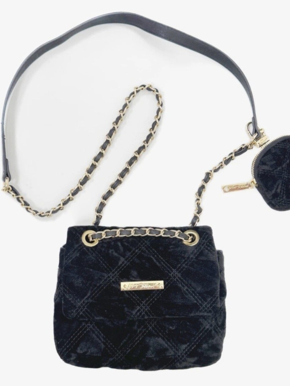 Betsey Johnson XOVAL Black Velvet Velour Crossbody Bag
